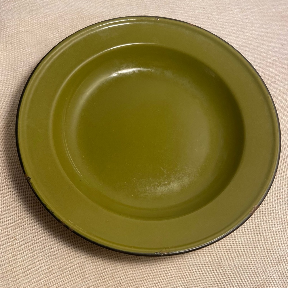 Vintage dish enamelware plate green avocado olive black trim plate bowl MCM